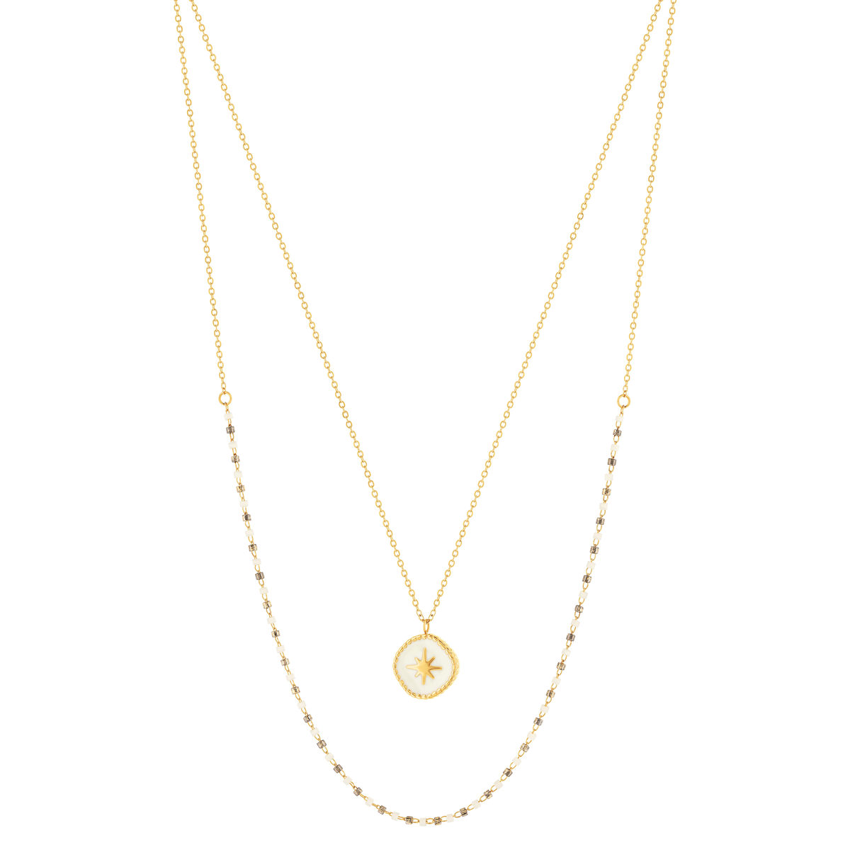 Collier acier doré 2 rangs pampille laque blanche 45 cm