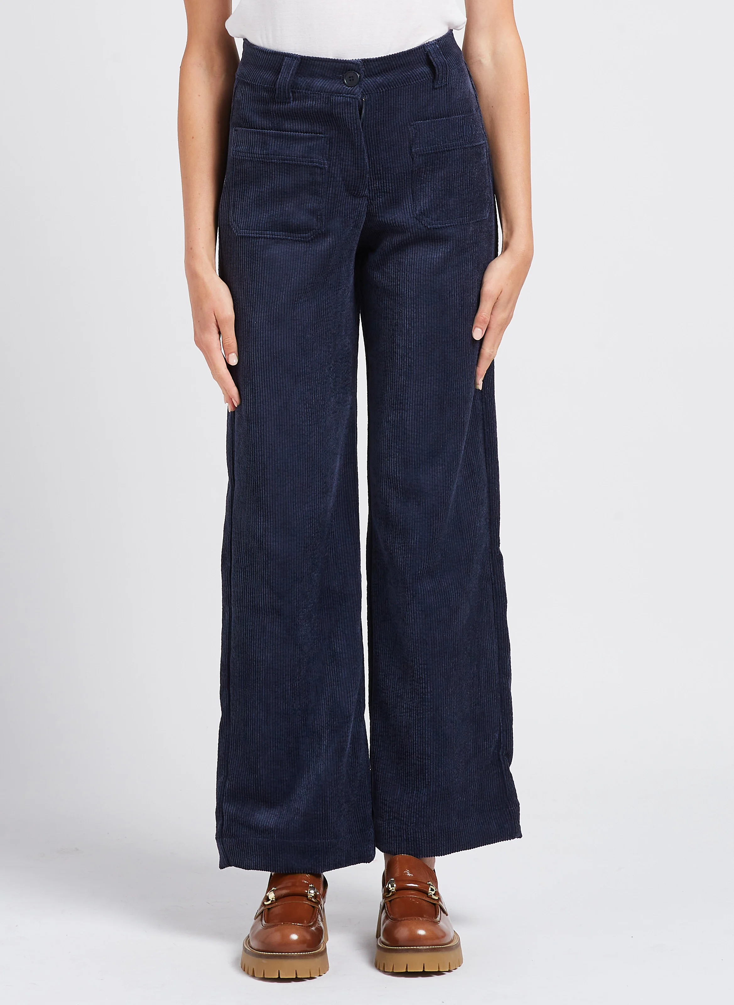 ONLY - Pantalon large taille haute côtelé | Bleu