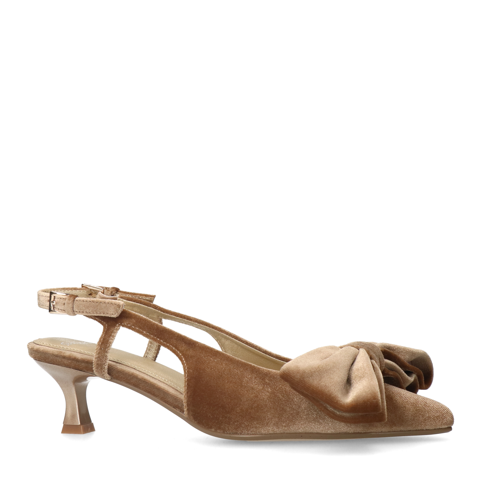 Taupe velours slingbacks met strik