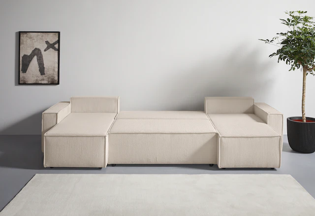 GOODproduct Wohnlandschaft »CASSI, 311 cm, U-Form, Schlafsofa, Bettkasten, Boxspringfederung, Cord« Schlaffunktion (133/270cm), Bettkasten, Seitentaschen, Cord-Bezug