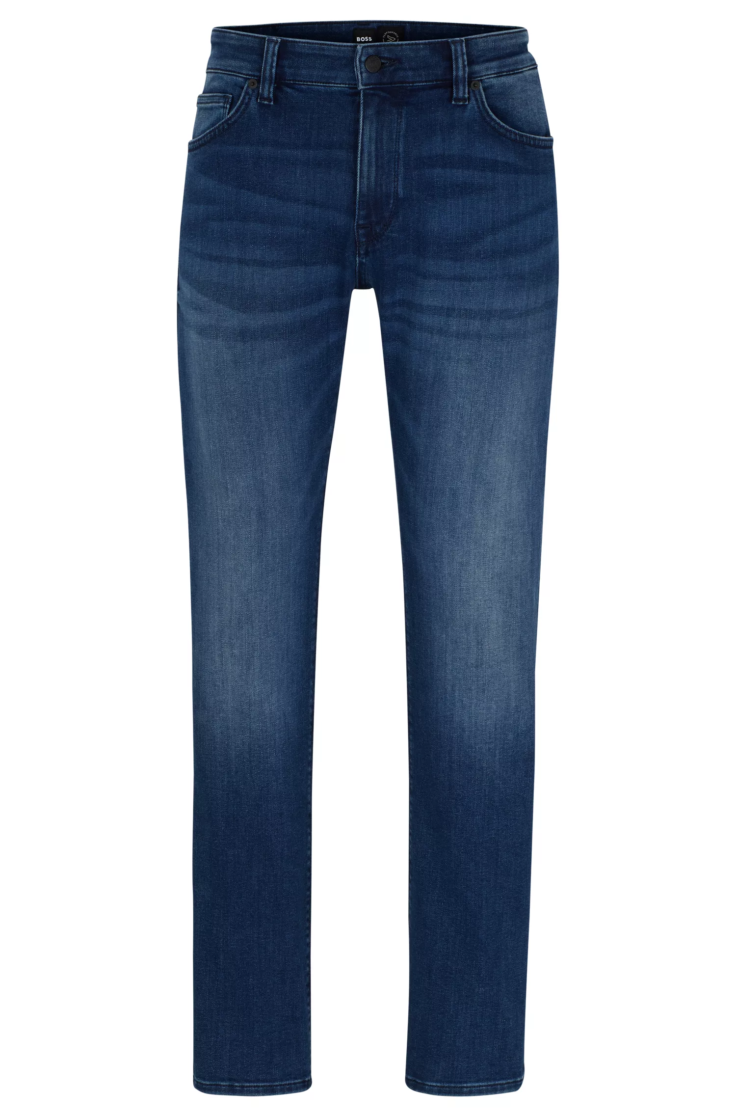 Calça jeans BOSS preta, corte regular, em denim Coolmax® azul.