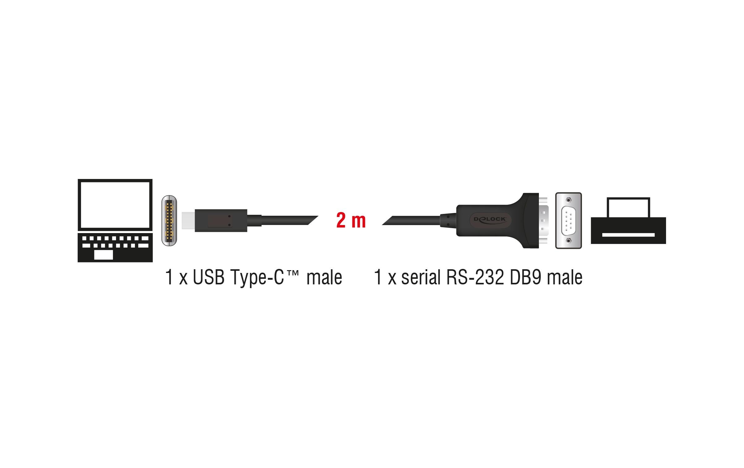 Serial-Adapter USB-C – RS-232 D-Sub 9 Pin mit Muttern 2 mDelock Adapter USB Type-C zu 1 x Seriell RS-232 D-Sub 9 Pin Stecker mit Muttern 2 m