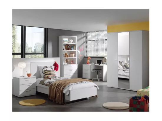 Chambre enfant, ado robuste collection OLGA, lit, armoire, bureau, commode et chevet, blanc effet bois