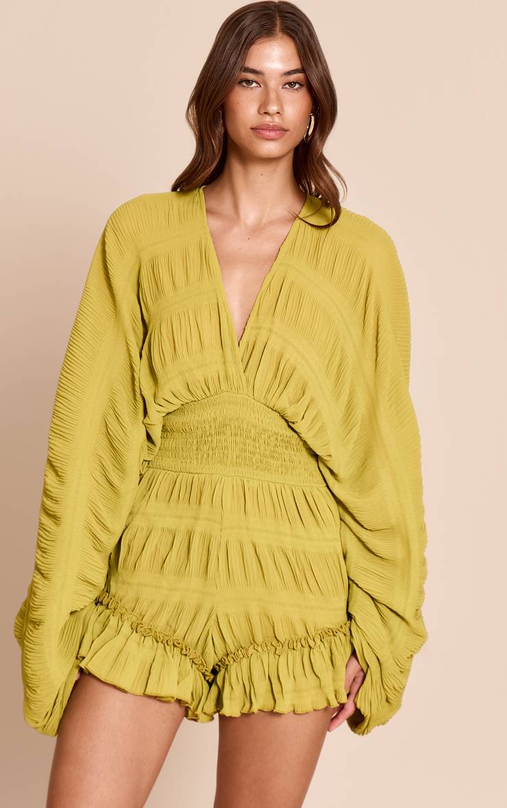 Vert Olive Combi-short Texturé À Col V Et Volants