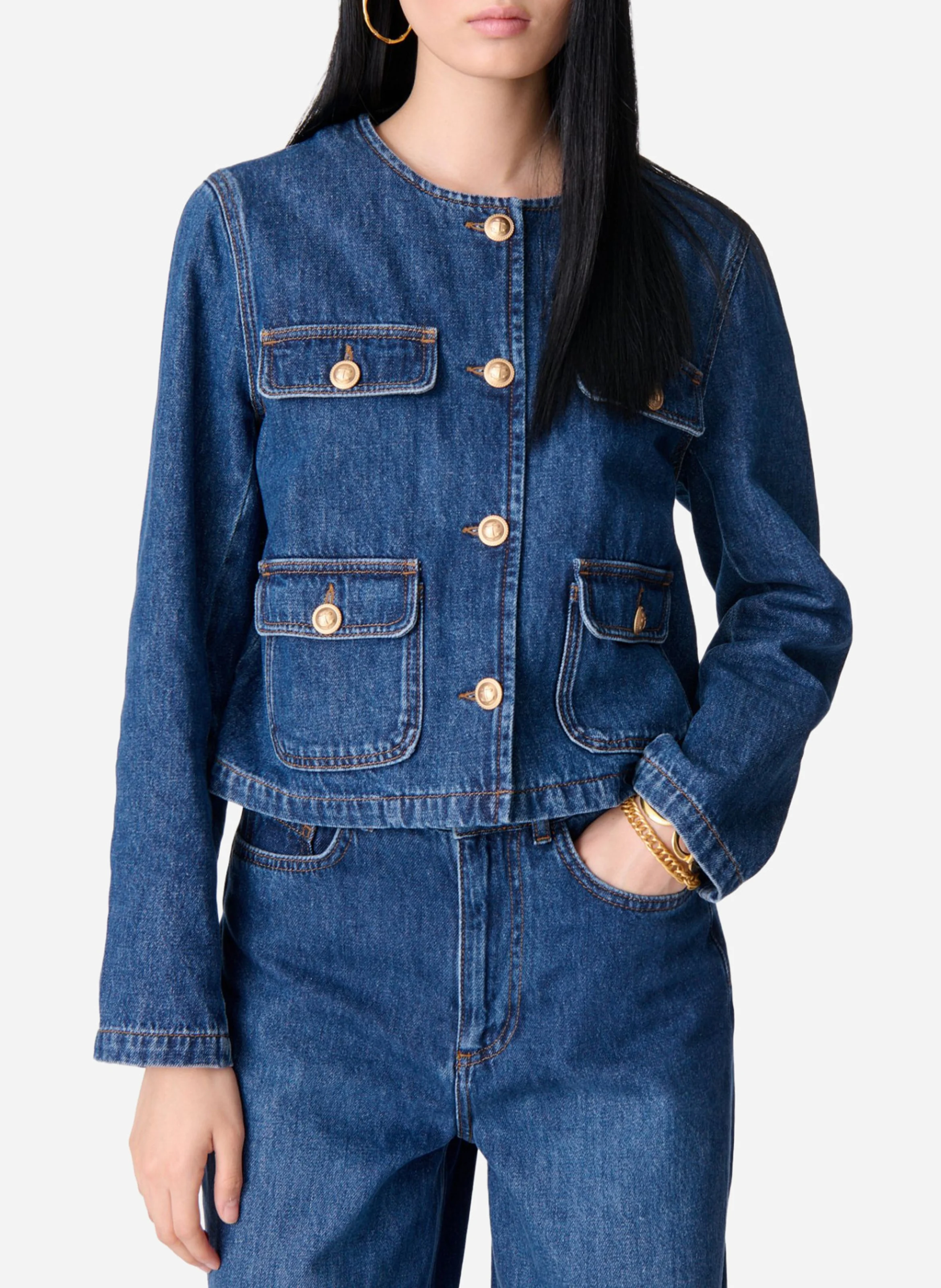 DEANA - Veste cropped en jean à boutons fantaisies| Bleu