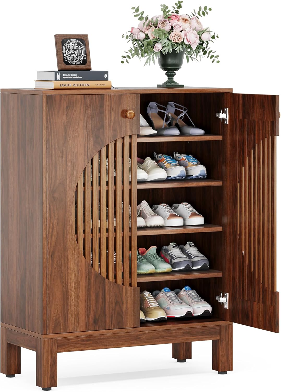 Tribesigns Schuhschrank, Schuhregal mit 5 Ebenen, Schuhkipper Schmal mit Lamellentüren, 20 Paar, mit verstellbaren Regalen, Holzregal Organizer für Eingangsbereich, Flur, Wohnzimmer (braun)