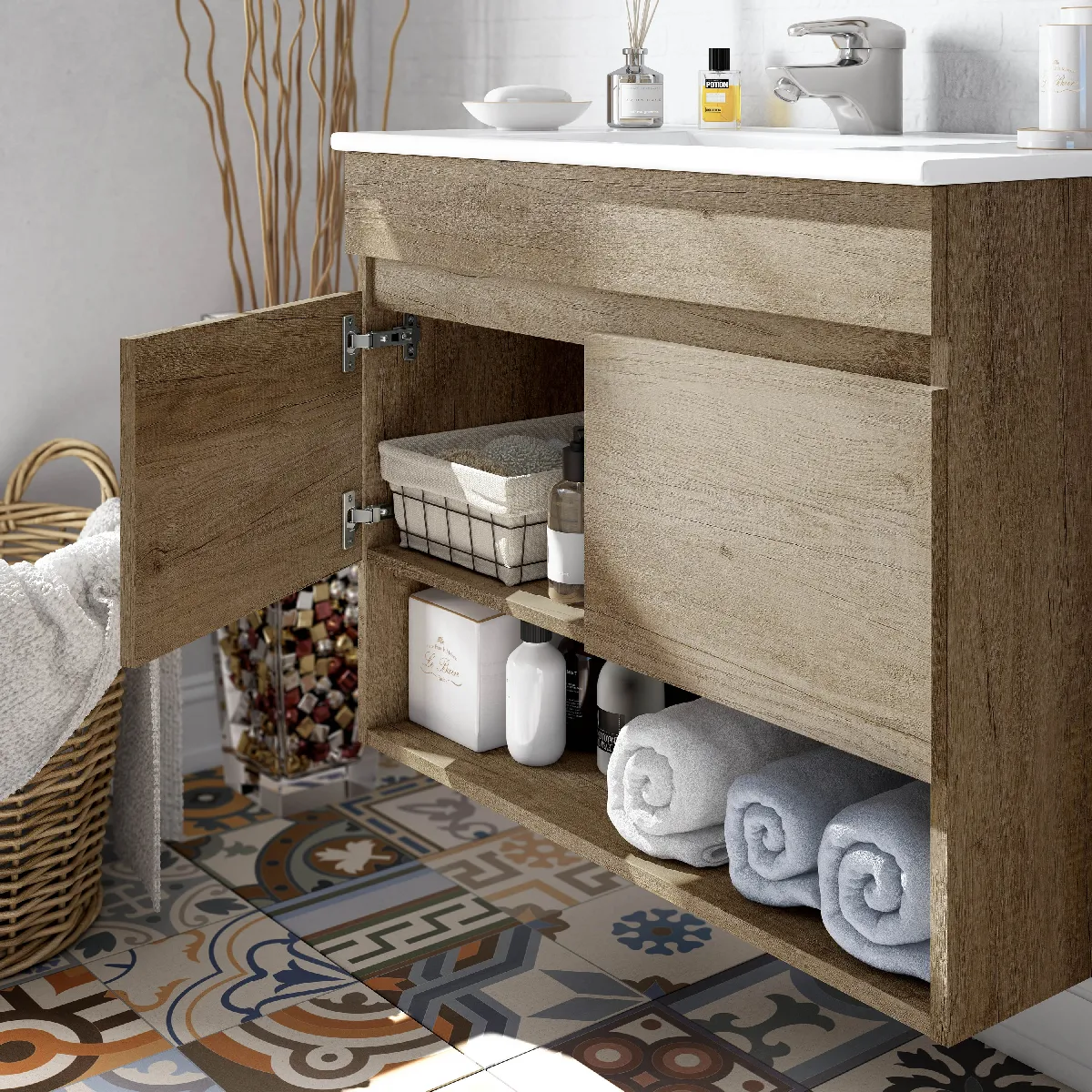 Alter Meuble sous-vasque suspendu avec miroir - Chêne imitation bois brut
