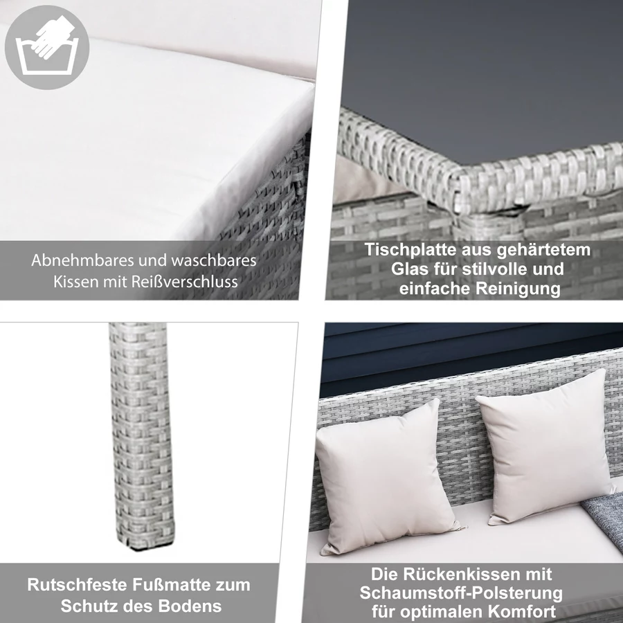 Outsunny Rattan Sitzgruppe mit Tisch grau, cremeweiß