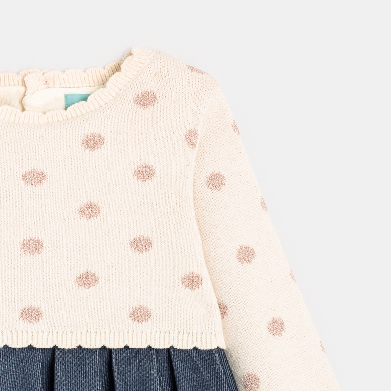 Robe bi-matière maille tricot et velours bleue bébé fille