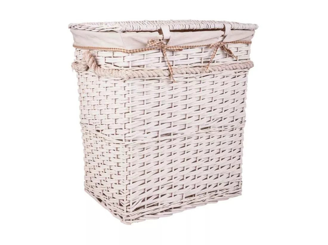 Set de corbeille à linge et deux paniers en osier doublés blancs