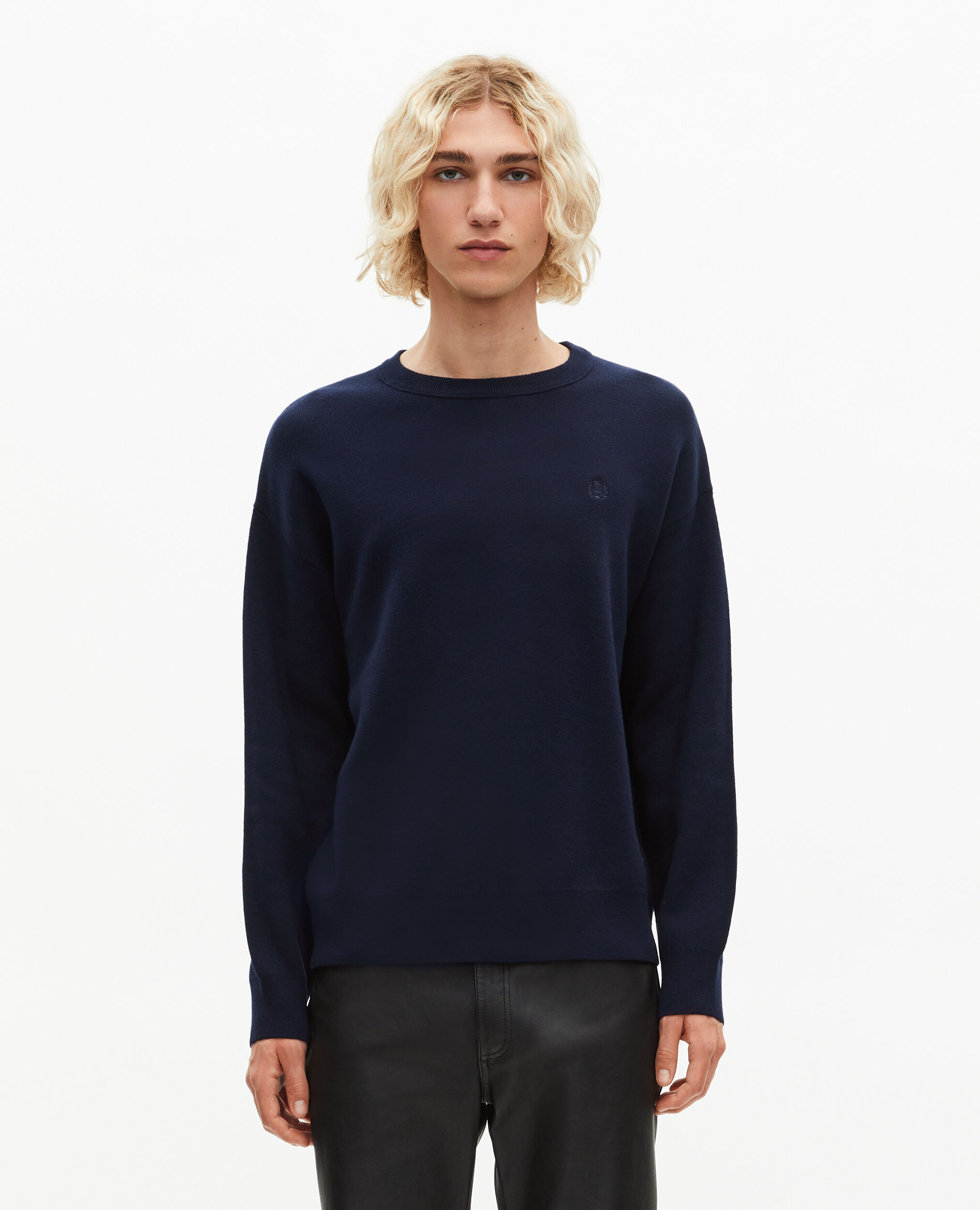 Pull col rond en laine double face marine