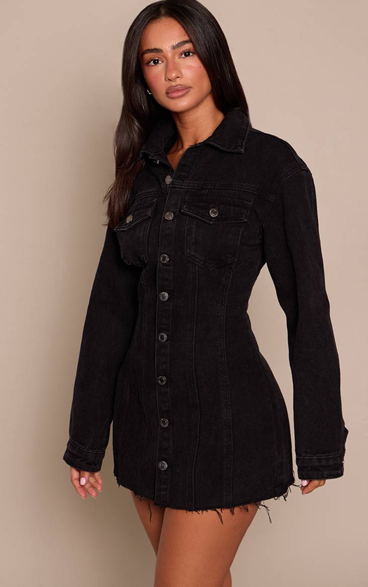 Noir Robe Mini Ajustée En Denim À Manches Longues Petite Taille