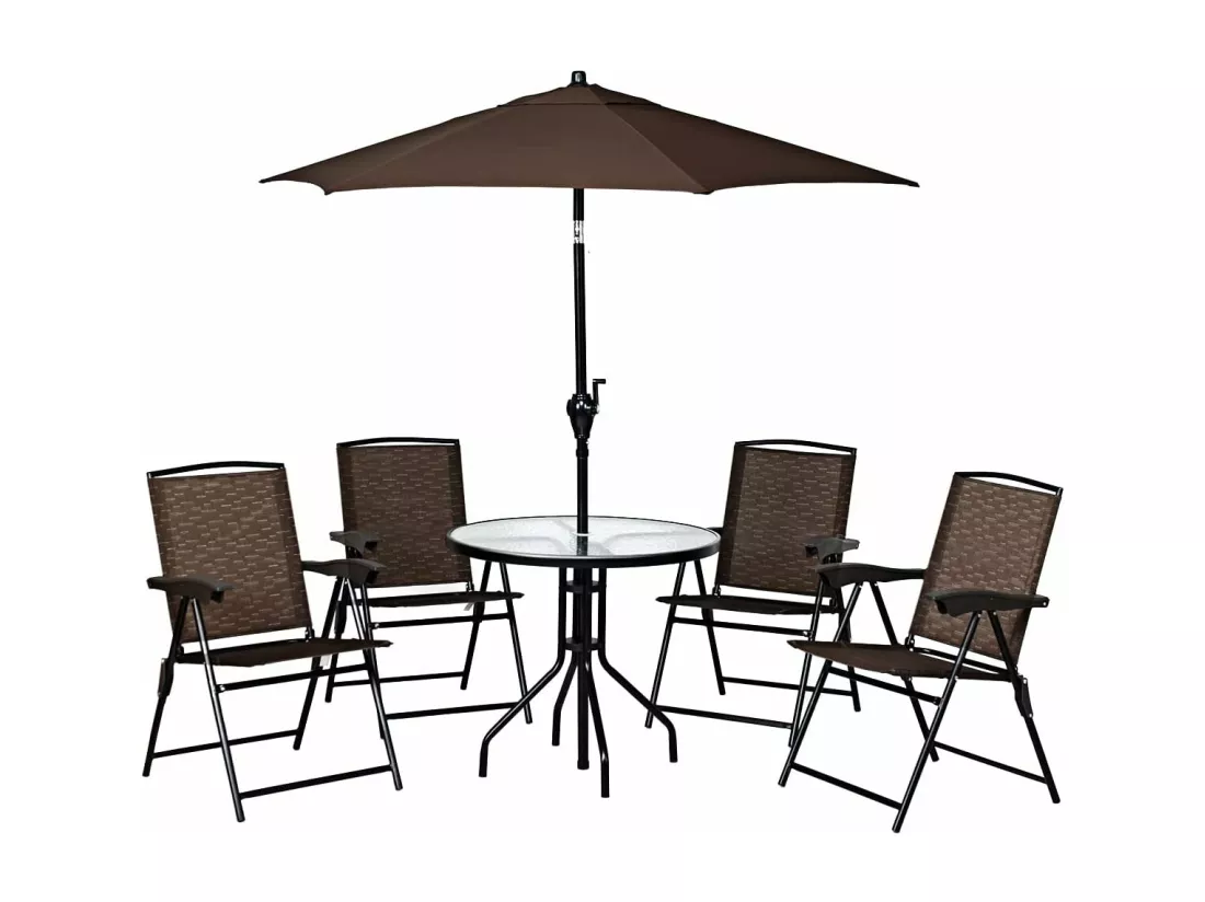 Lot de 4 Chaises de Jardin Pliantes Dossier Inclinable avec Accoudoirs en Acier Résistantes aux Intempéries Extérieur（Marron)