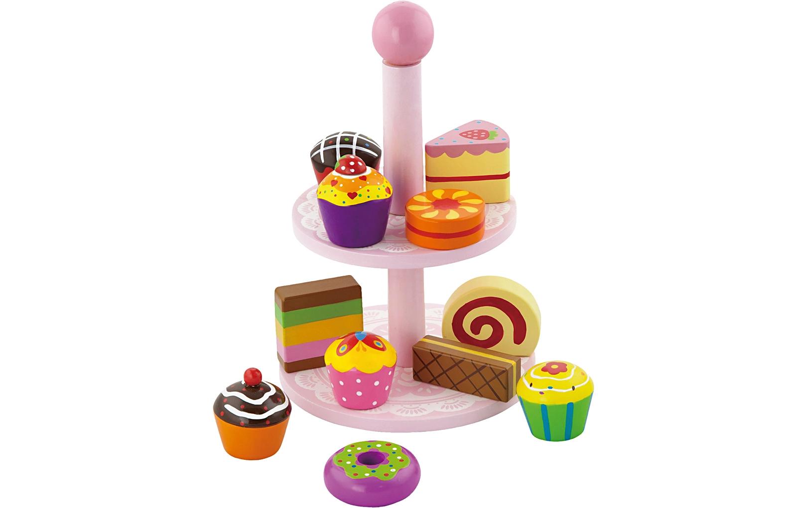 Spiel-Lebensmittel Cupcakes mit KuchenregalHolzgebäck mit Ständer