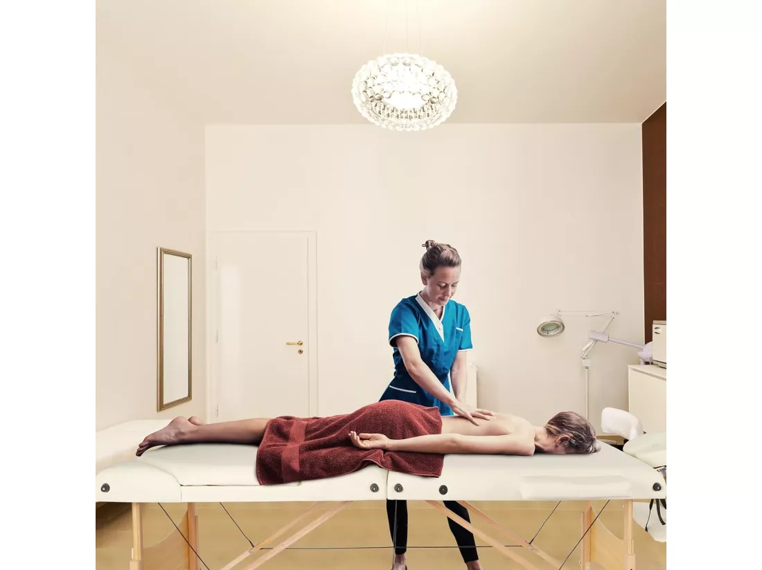 Table de massage Canapé de Massage Pliante Bois 3 Sections Lit Professionnel Cosmétique Esthetique Hauteur Réglable 215x60cm - Beige