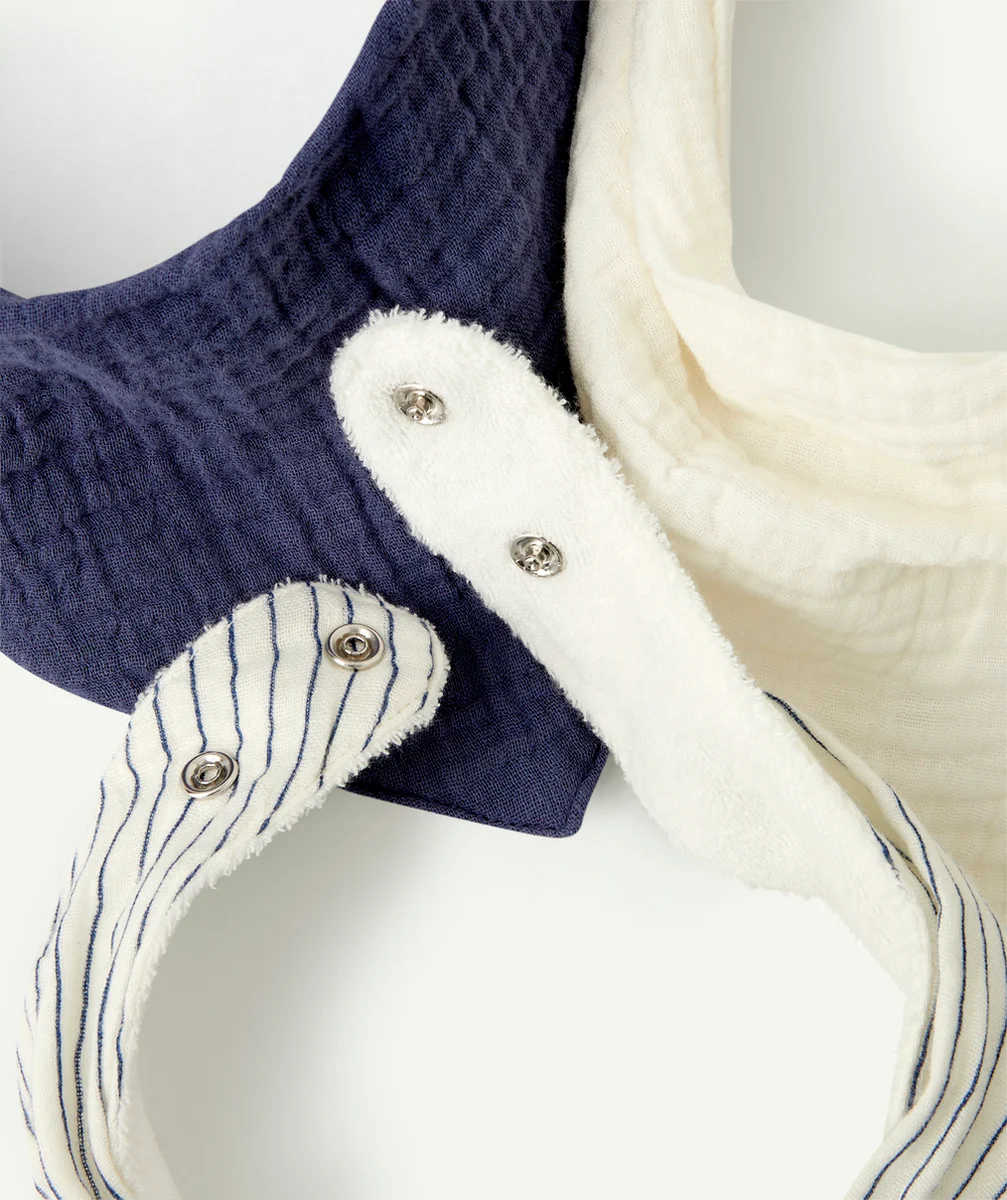 LOT DE 3 BAVOIRS BÉBÉ EN COTON STYLE BANDANAS BLEU ET BLANC