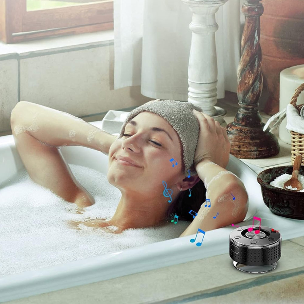 Portabler Mini Bluetooth Dusch Lautsprecher mit Saugnapf Halterung Wasserfest für das Badezimmer (IPX7) - Schwarz