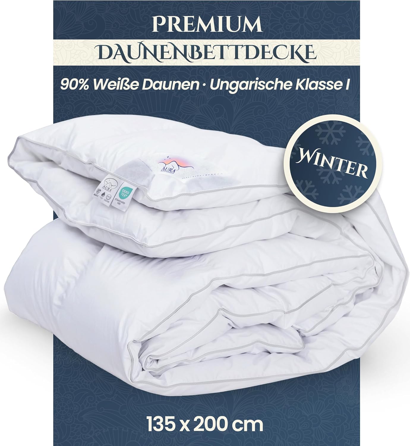 Aura® Luxus Daunendecke 135x200 cm extra warm | Premium 90% weiße Daunen ungarische Klasse I | Oeko-TEX® Standard 100 | Allergikergeeignet Winter Bettdecke
