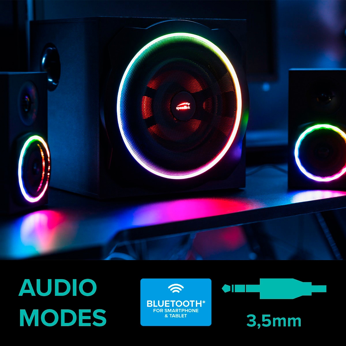 Speedlink 2.1 Soundsystem »GRAVITY CARBON RGB Subwoofer System aus Holz mit Bluetooth« 2.1 (Bluetooth Lautstärkeregelung 120 W) 60 W RMS, 120 W Spitzenleistung, 3,5mm Klinke, AUX, Tischfernbedienung