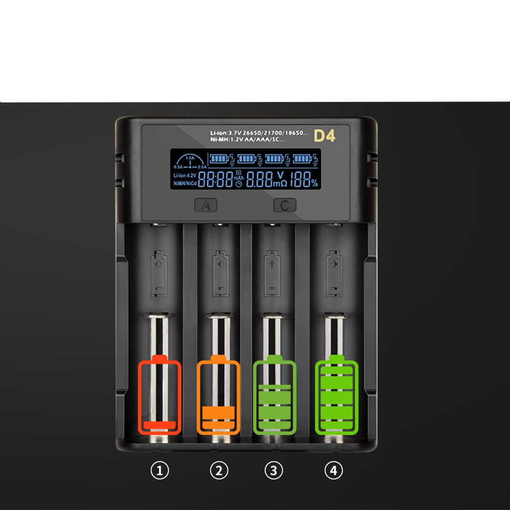 4-fach USB Batterieladegerät Akkuladegerät mit LCD Display für Li-Ion-Akkus AA / AAA / 18650 - Schwarz