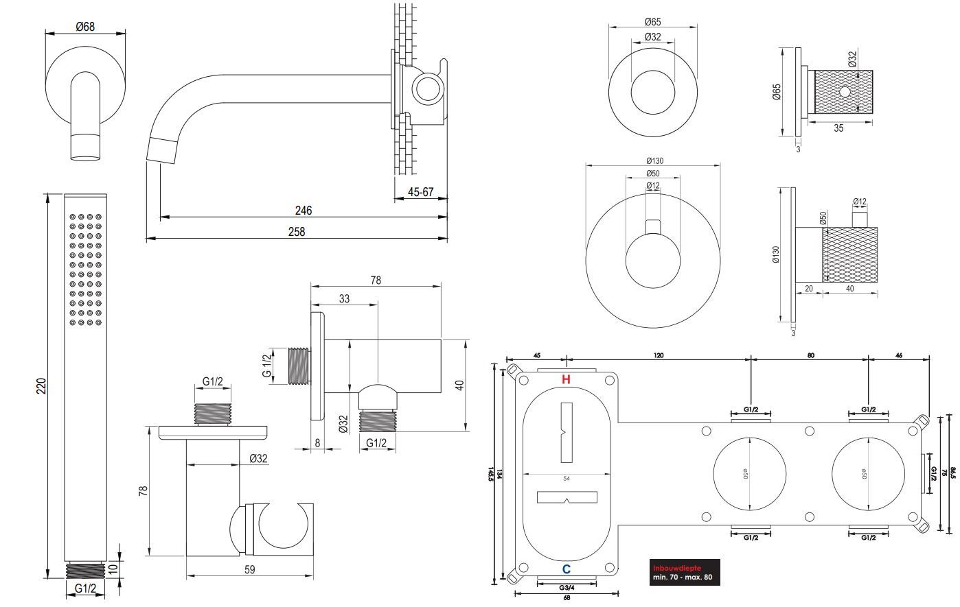 Brauer Gunmetal Carving inbouw badkraan met staafhanddouche gunmetal geborsteld PVD