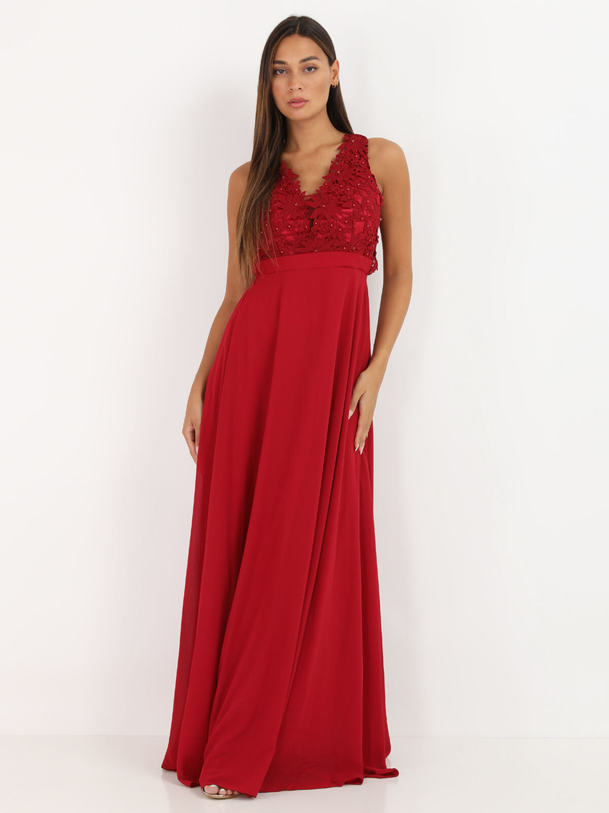Robe longue à broderies fleuries- Rouge