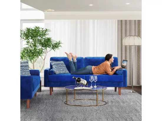 Canapé droit en Velours bleu et bois massif - 3 places - charge max 300kg - 176x78x85cm