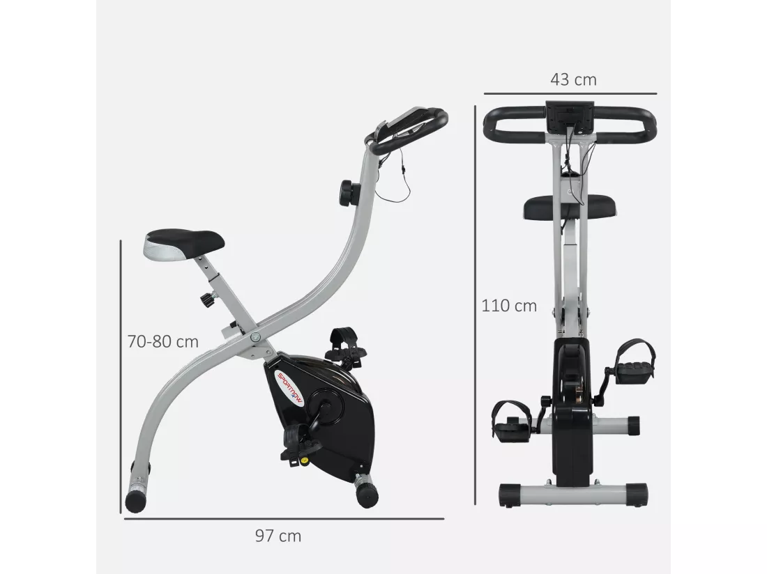 Vélo d'appartement pliant, vélo de fitness, vélo d'intérieur 8 niveaux de résistance magnétique, selle réglable, poignées, écran LCD multifonction, support tablette, acier gris
