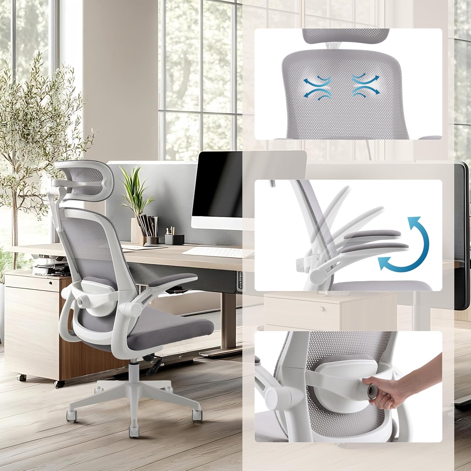 Home Office Bürostuhl VERTUFLEX Ergonomischer, 4D-Kopfstütze, höhenverstellbarer Lordosenstütze, hochklappbaren Armlehnen, Grau