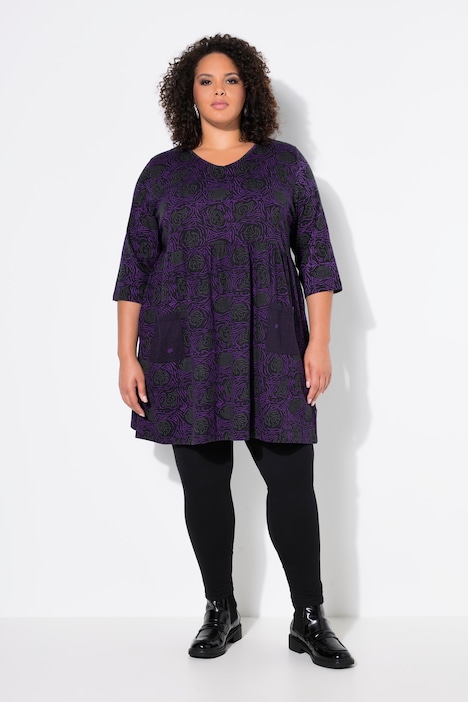 Longshirt, A-Linie, Blumendruck, 3/4-Ärmel