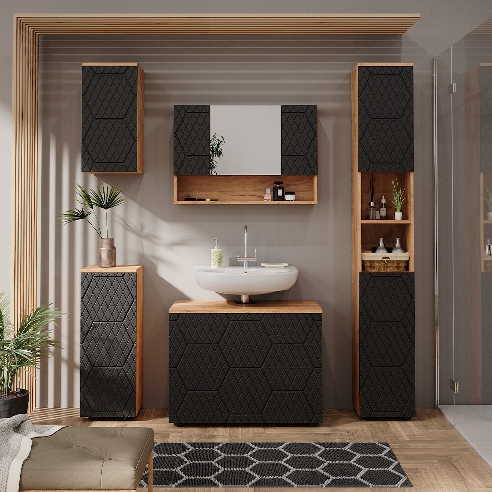Vicco Badmöbel-Set Irma Eiche Anthrazit 5-teilig Hochschrank Midischrank 81 cm