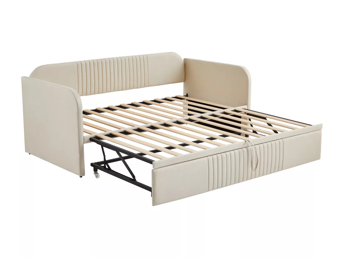 Lit gigogne 90/180x190 cm - lit canapé en tissu lin - avec sommier à lattes - Beige