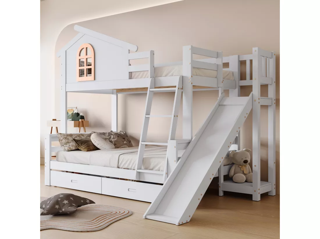 Lit superposé en bois massif blanc avec fenêtre caractéristique, toboggan et deux tiroirs, lit enfant et lit mère, 90x200 & 120x200cm