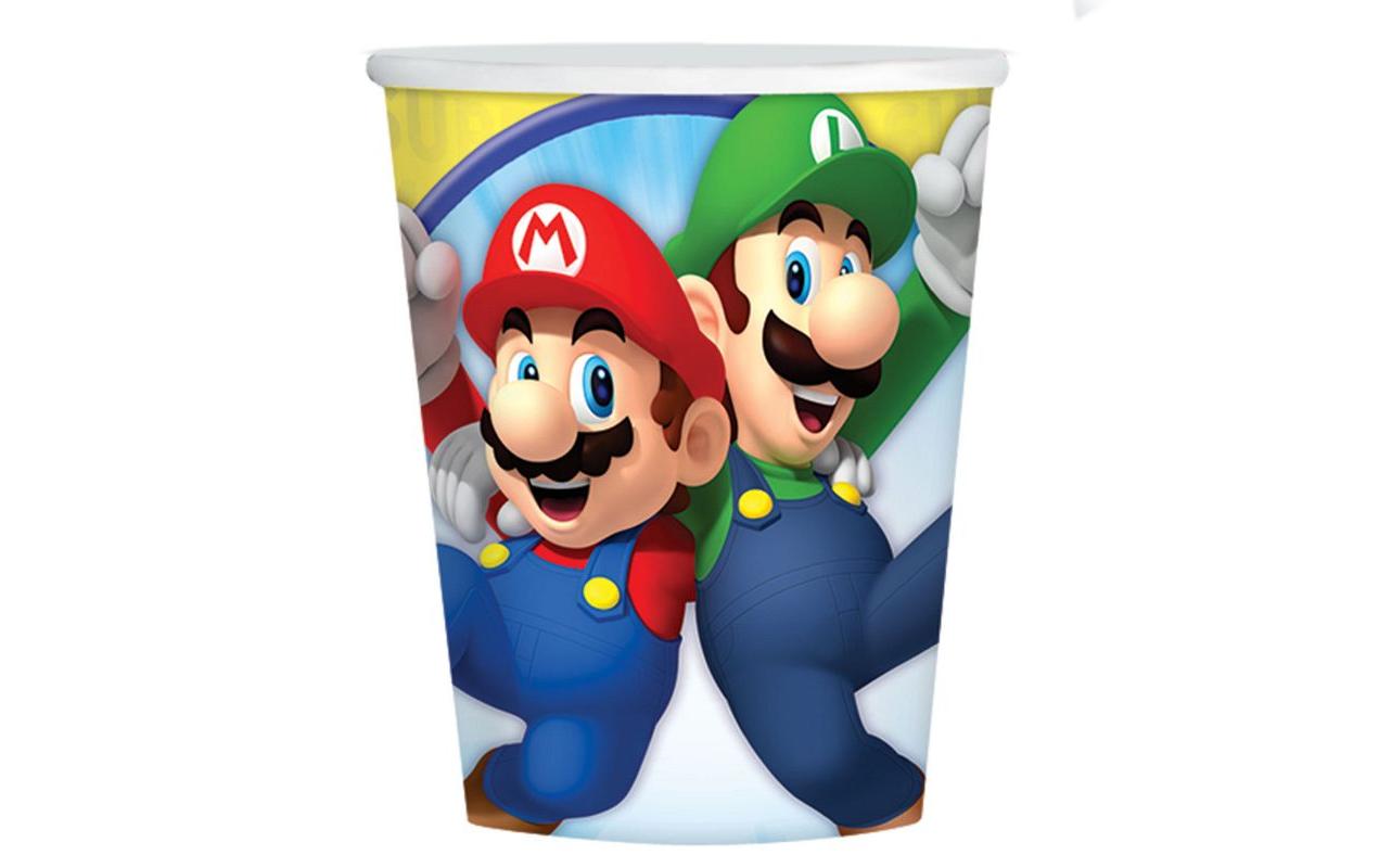 Einwegbecher Super Mario 266 ml, 8 StückPappbecher für die Kindergeburtstagsparty