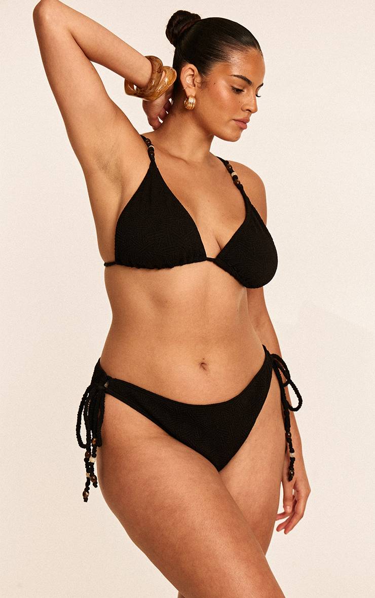 Noir Bas De Bikini Grande Taille À Liens Latéraux Avec Perles Texturées