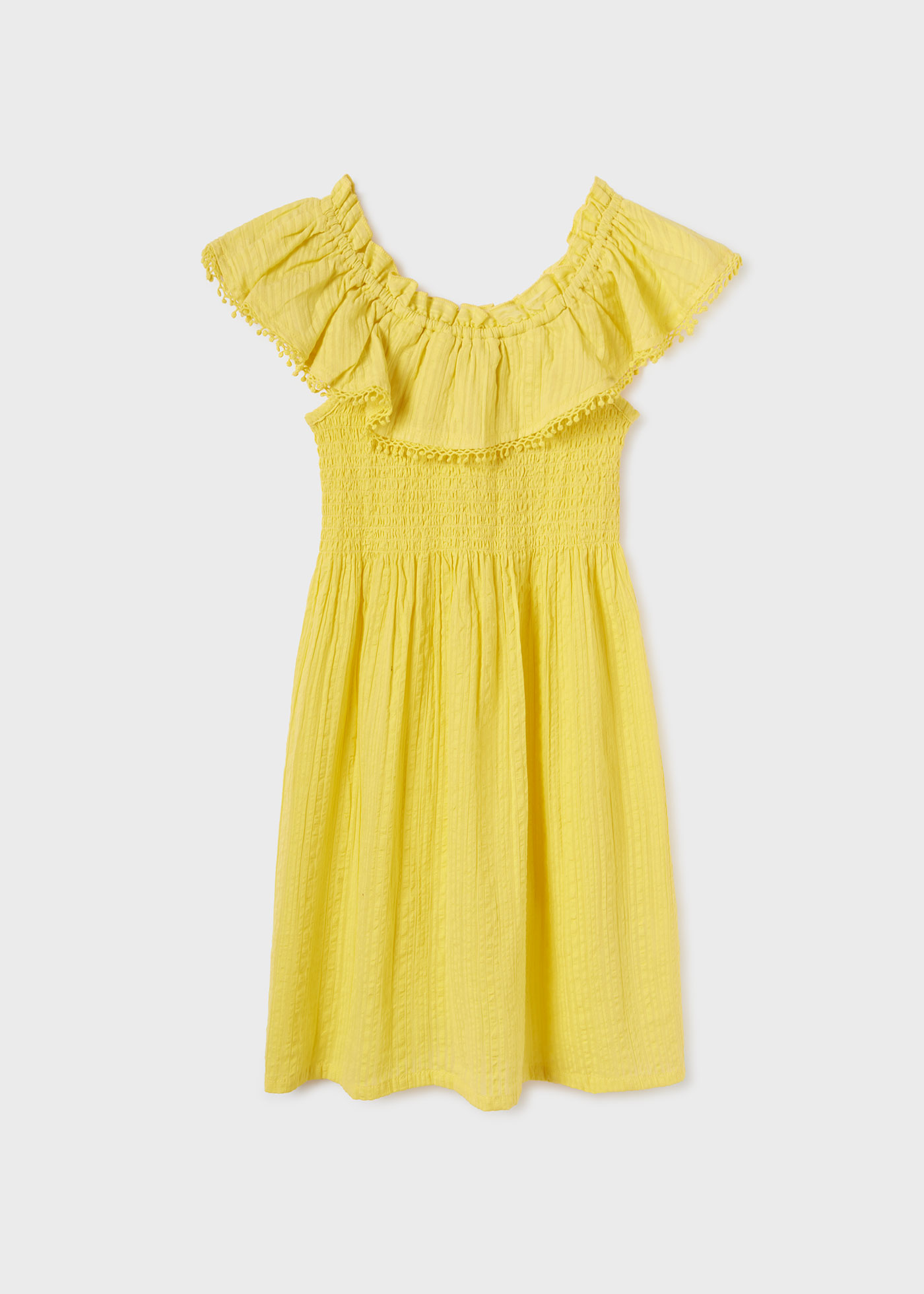 Vestido infantil de algodão com babados e detalhes franzidos
