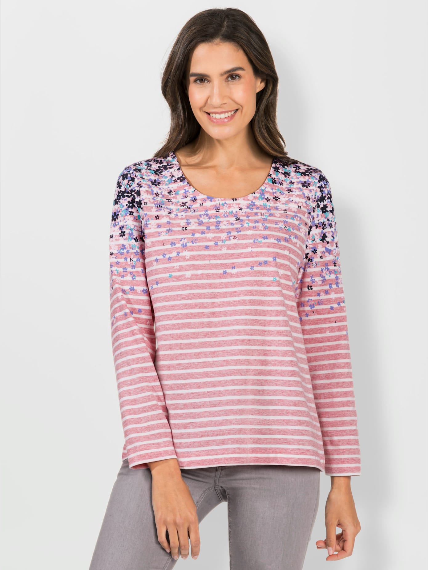 T-shirt rayé imprimé fleurs col rond manches longues