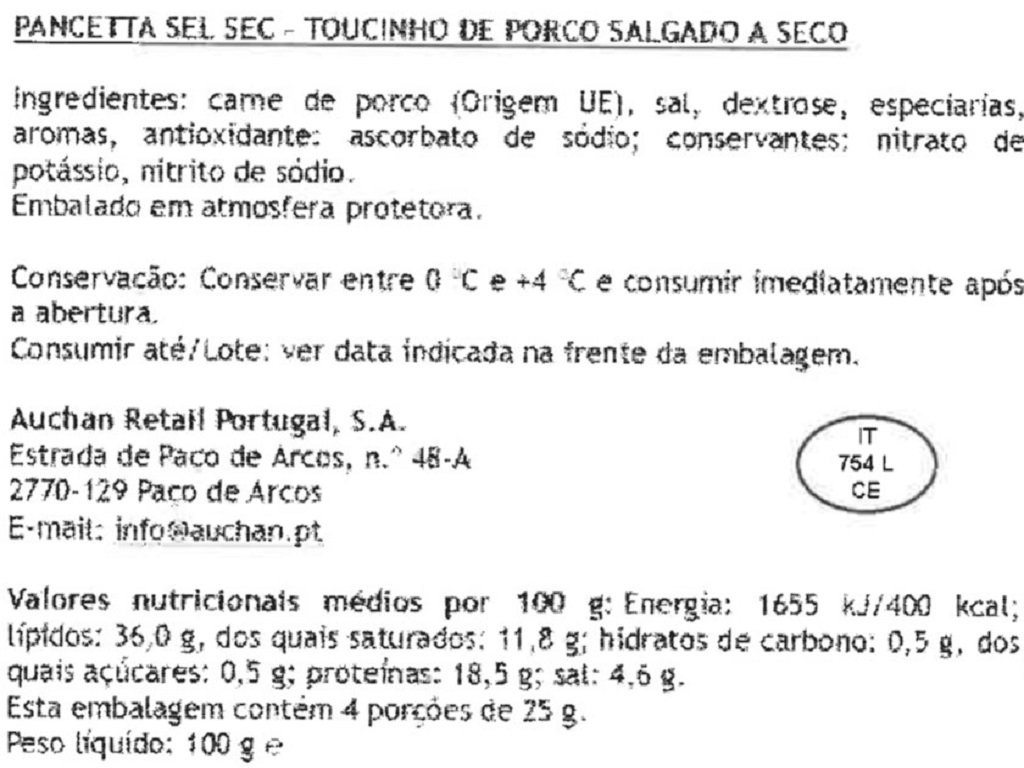 PANCETTA AUCHAN 12 FATIAS 100G