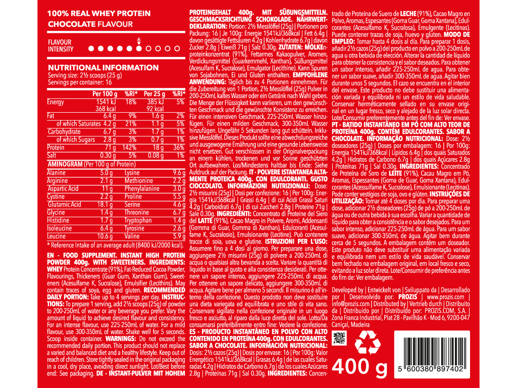 PROTEÍNA PROZIS REAL WHEY CHOCOLATE 400G