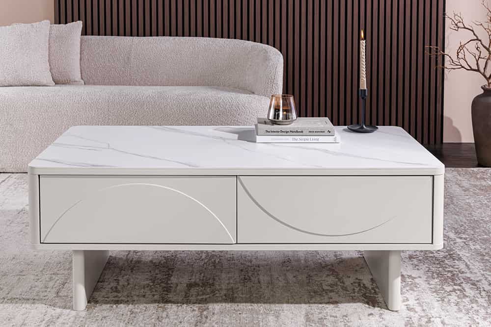 Design Couchtisch SAVOY 120cm kaschmir weiß Keramik Marmor mit Schubladen