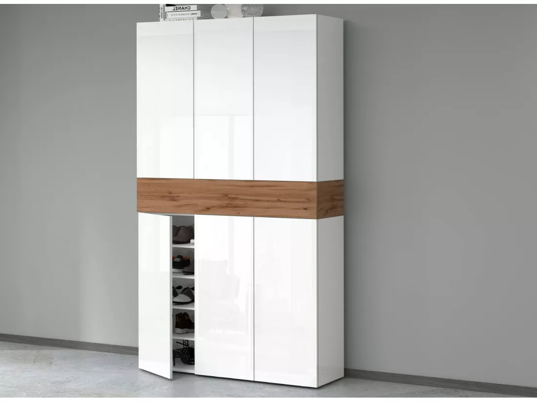 Étagère à chaussures Marzio, étagère à chaussures peu encombrante à 7 portes, armoire d'entrée multifonctionnelle, 114x38h200 cm, blanc et chêne