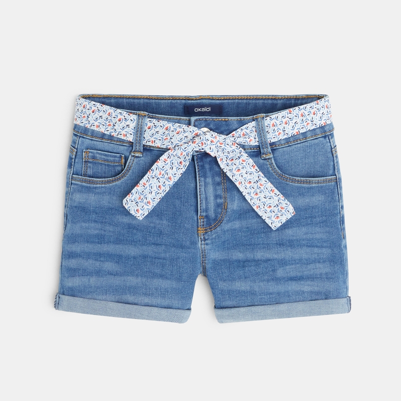 Short en jean ceinturé bleu fille