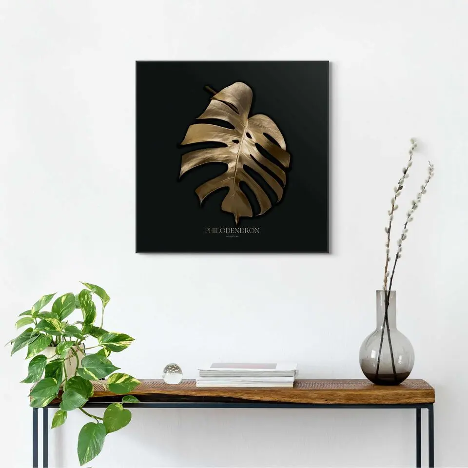 Schilderij Monstera Blad - 50x50cm - Goudkleurig
