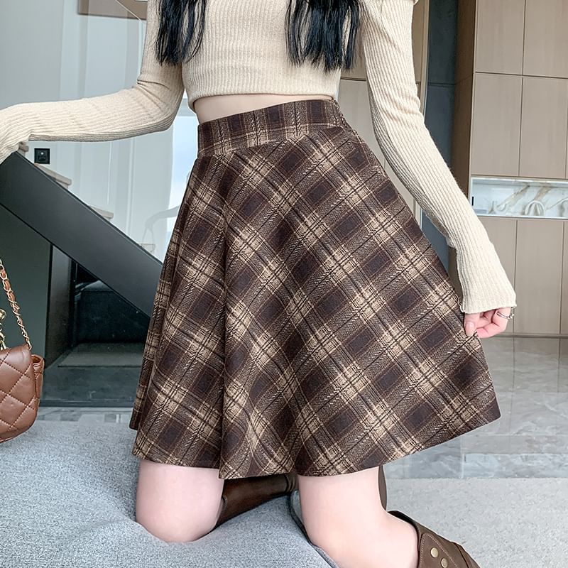 Shinsei - Hoge taille geruite mini A-lijn rok