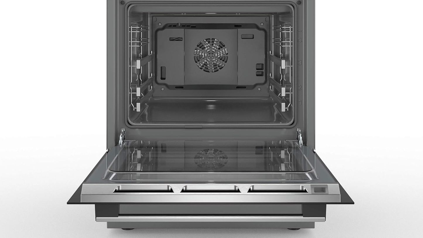 Bosch HKR39C250 Serie 4 Elektro-Standherd, 60 cm breit, EcoClean Direct Reinigungshilfe, 3D Heißluft Backen auf 3 Ebenen, LED-Display-Steuerung, erweiterbare Kochzone für großes Kochgeschirr