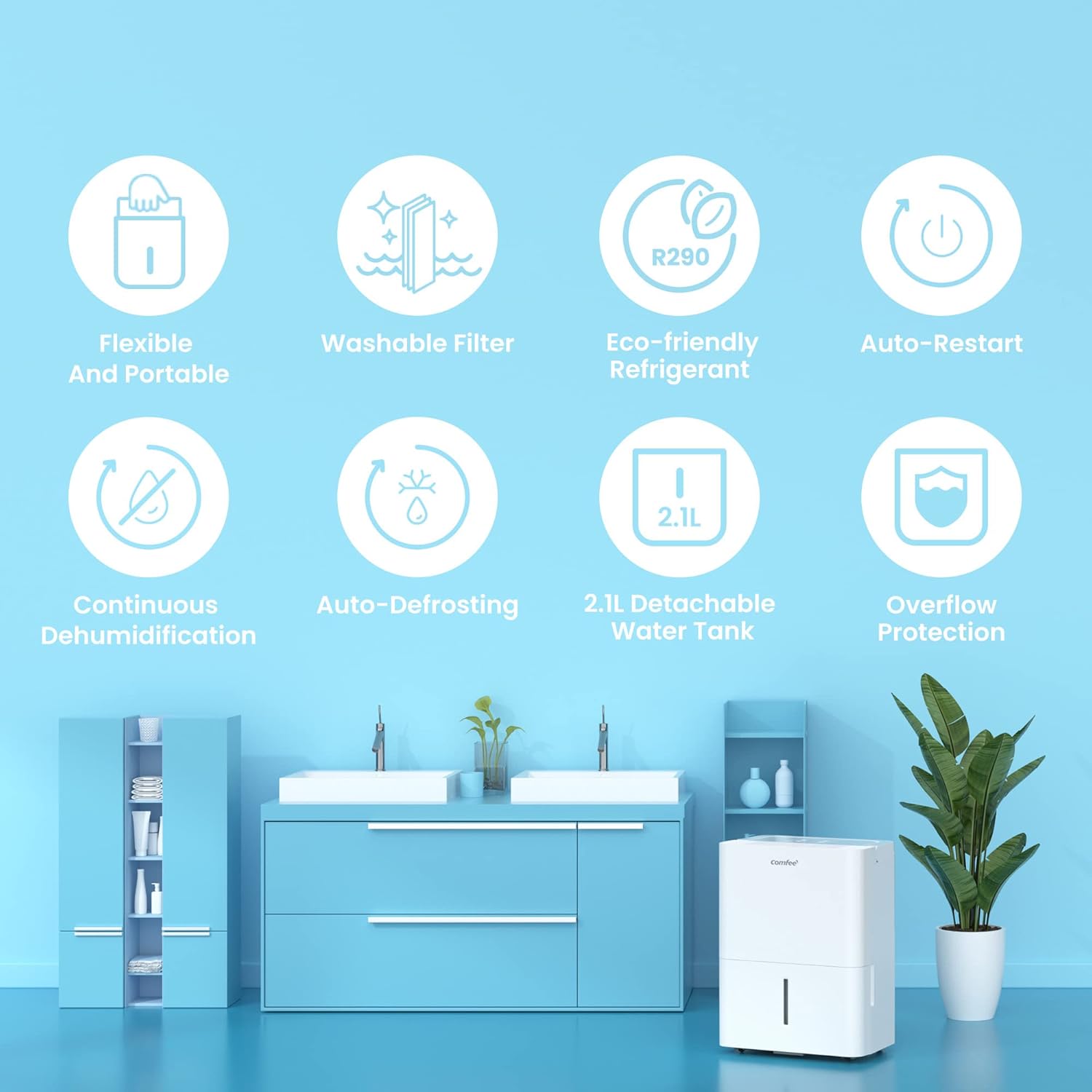 COMFEE' Déshumidificateur Compacte, Absorbe jusqu'à 10L-jour, Deshumidificateur d air avec Roulettes et Poignée, Minuterie 24H, Réservoir 2L, Pour pièce de 16-31㎡, MDDN-10DEN7
