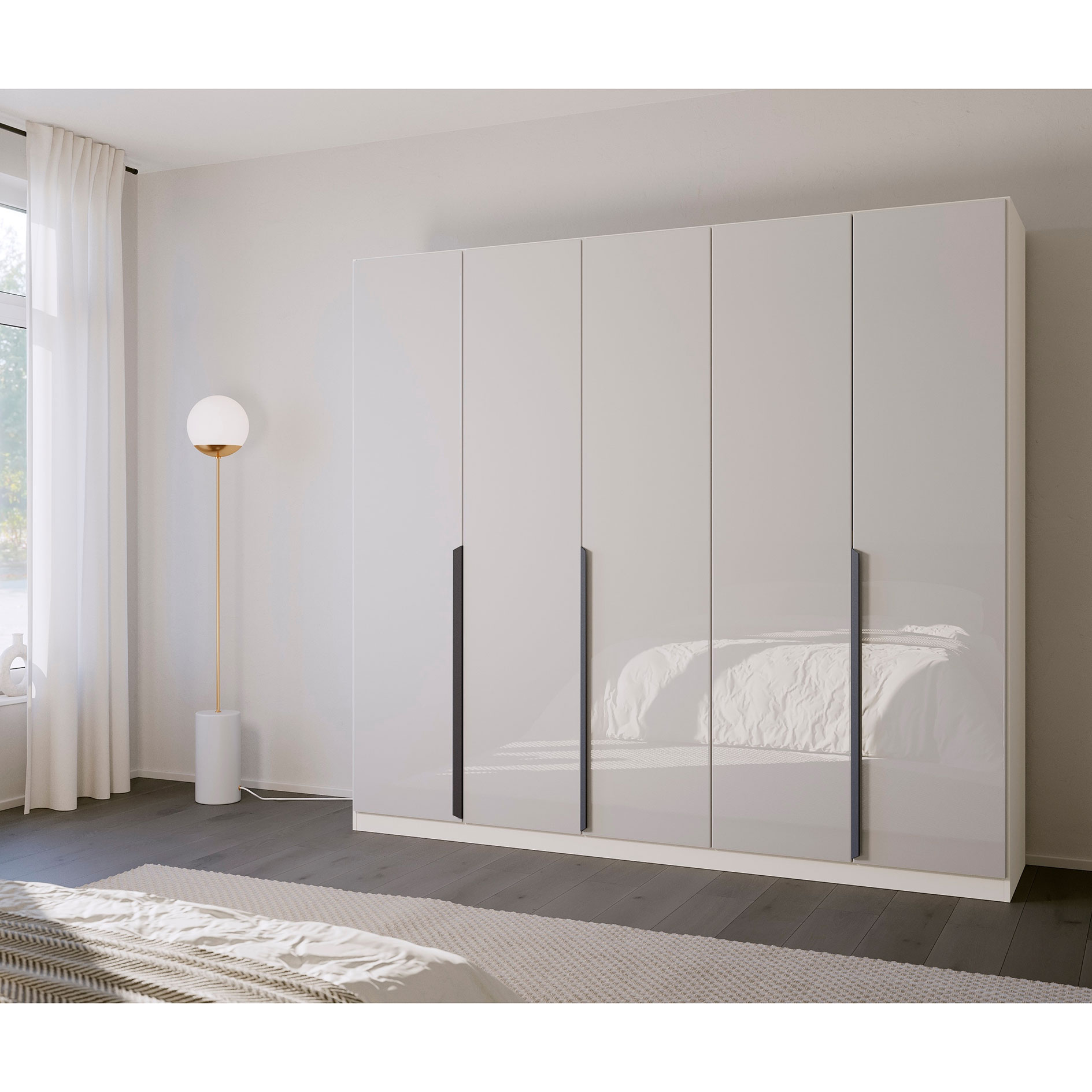 Drehtürenschrank - alpinweiß-Kristallweißglas - 5 Türen - 226 cm