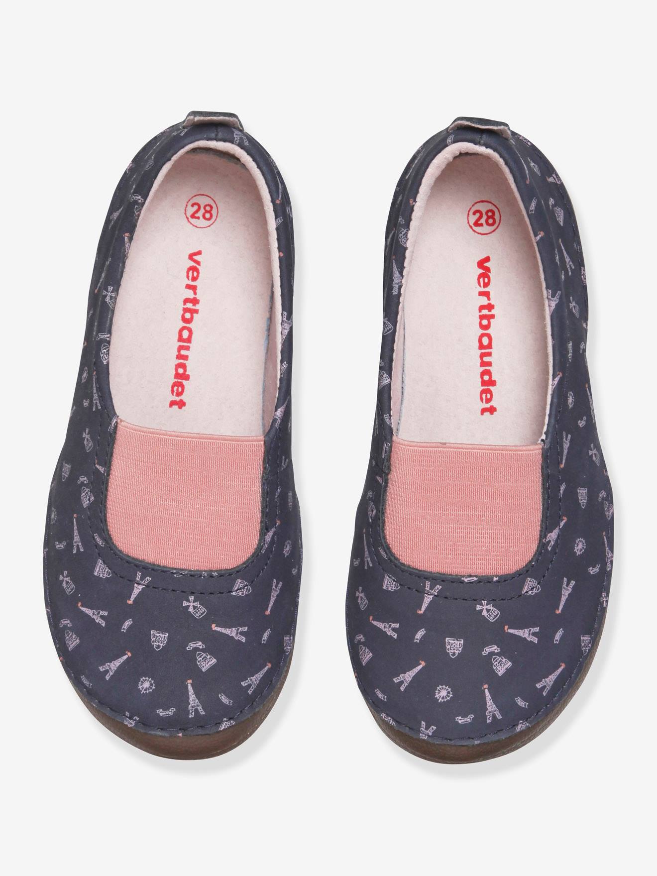 Chinelo de couro estampado com elástico para meninas, estampa azul escura