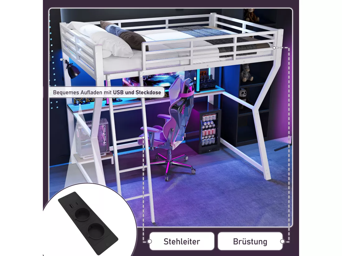 Lit mezzanine 90 x 200 cm avec bureau, prise+USB et étagères - Lumière d'ambiance - Métal - Blanc (sans matelas)
