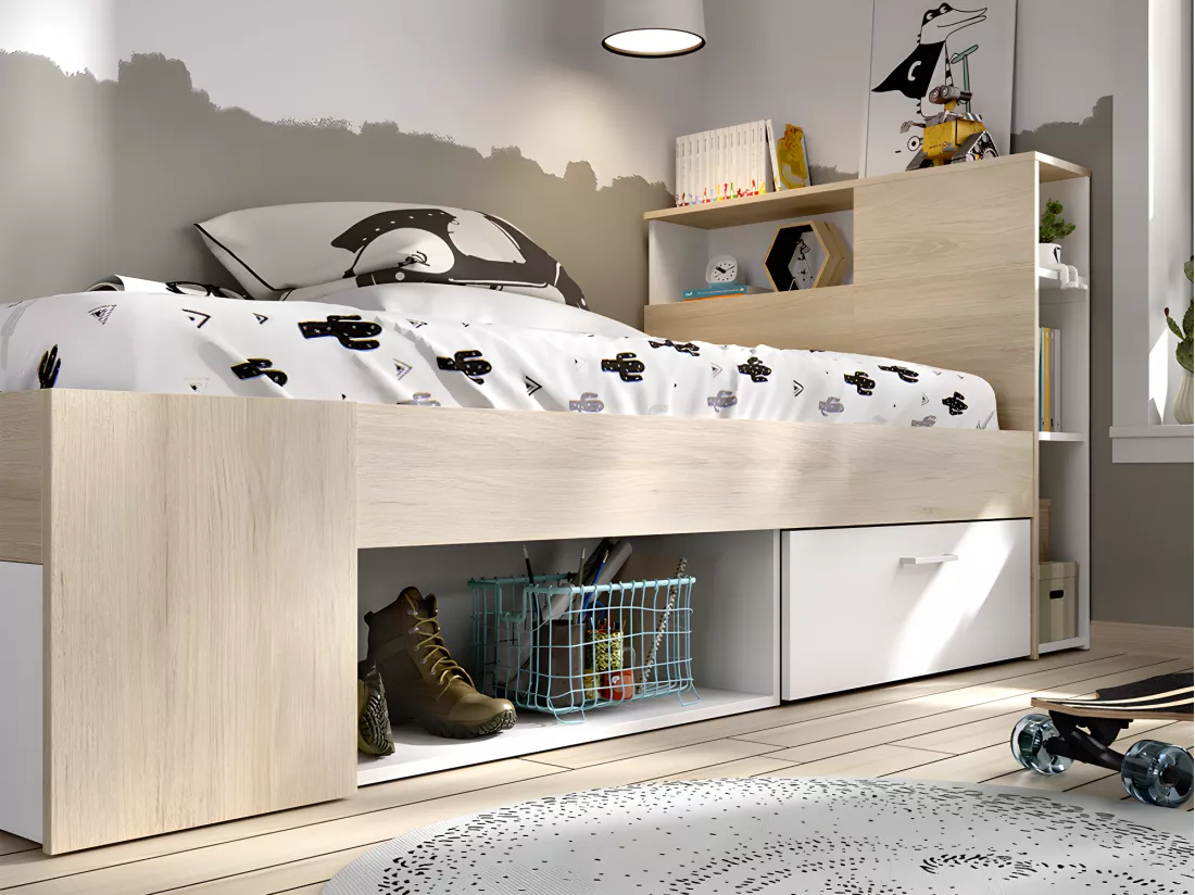 Lit avec tête de lit rangements et tiroir - 90 x 190 cm - Blanc et Naturel - LEANDRE